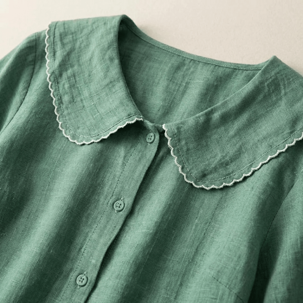 Bluzka Damska Lniana Luźny Krój Dekolt V Falowany Dół - Arkadya Outlet - Women Blouse