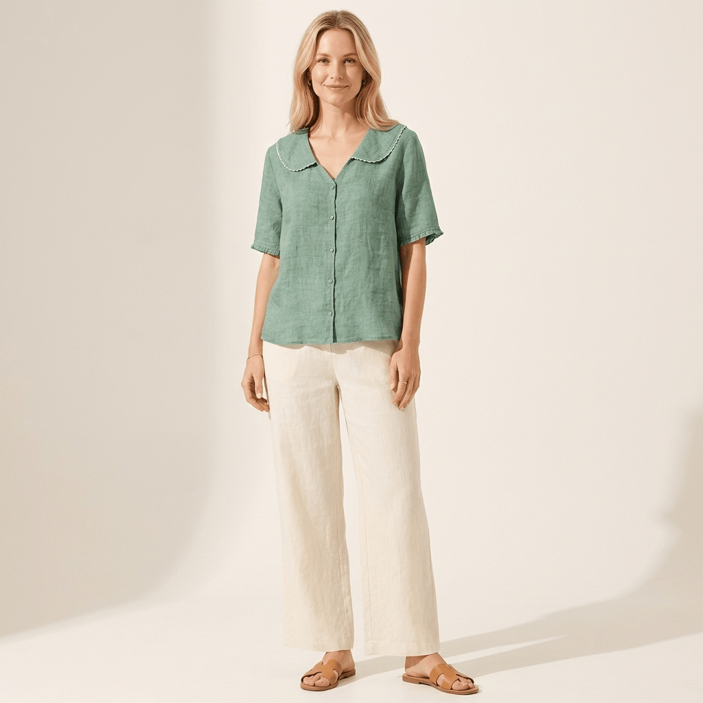 Bluzka Damska Lniana Luźny Krój Dekolt V Falowany Dół - Arkadya Outlet - Women Blouse