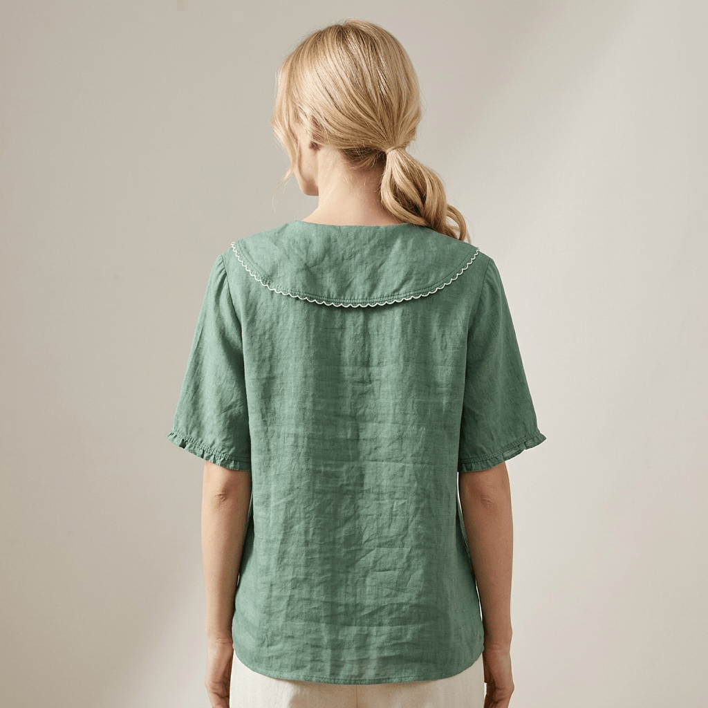 Bluzka Damska Lniana Luźny Krój Dekolt V Falowany Dół - Arkadya Outlet - Women Blouse