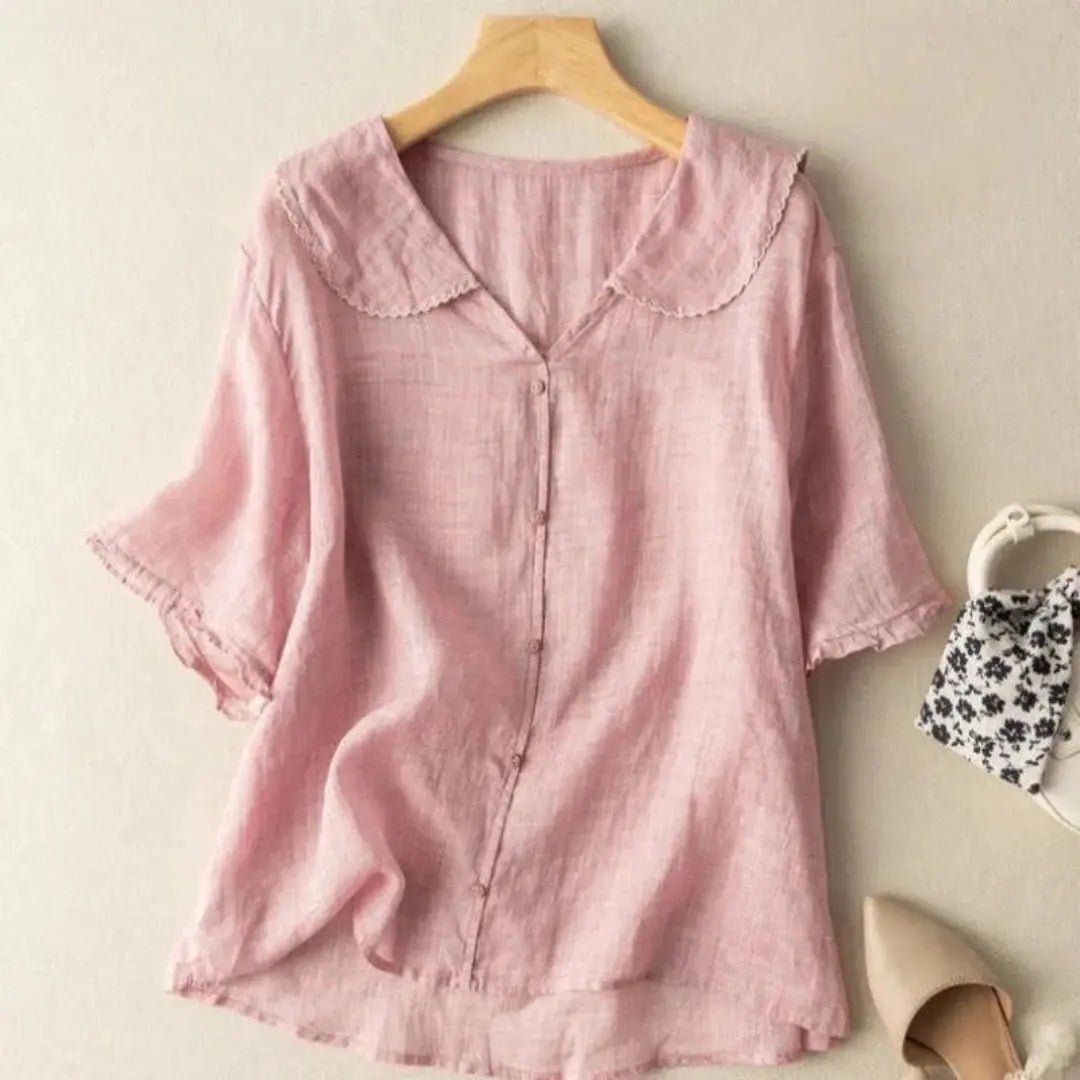 Bluzka Damska Lniana Luźny Krój Dekolt V Falowany Dół - Arkadya Outlet - Women Blouse