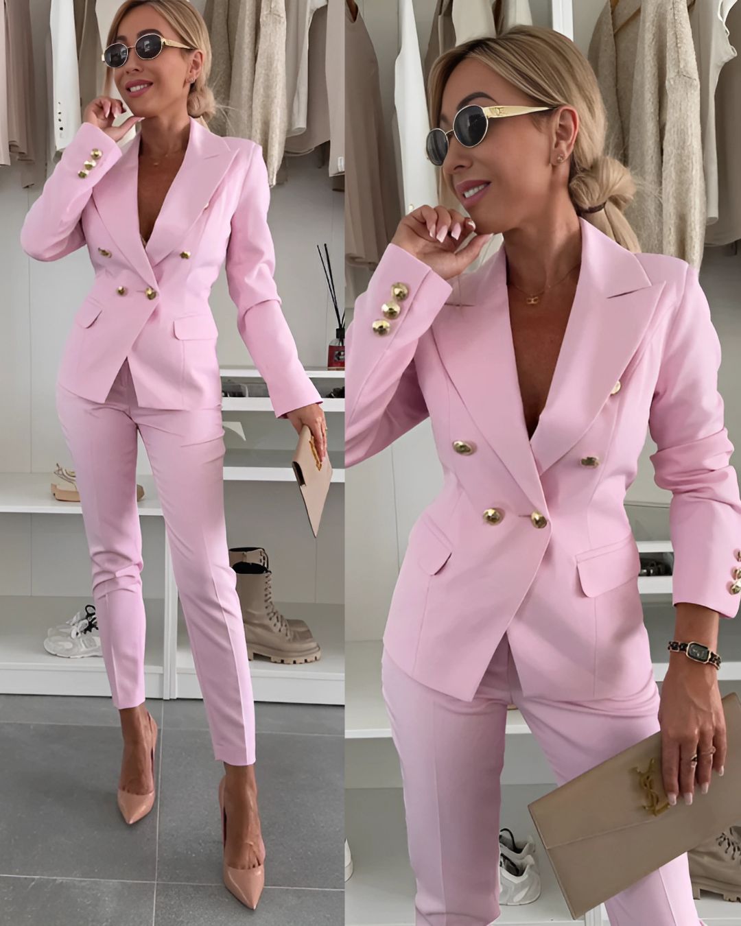 Garnitur damski dwuczęściowy z dwurzędową marynarką i dopasowanymi spodniami - Arkadya Outlet - Women Set