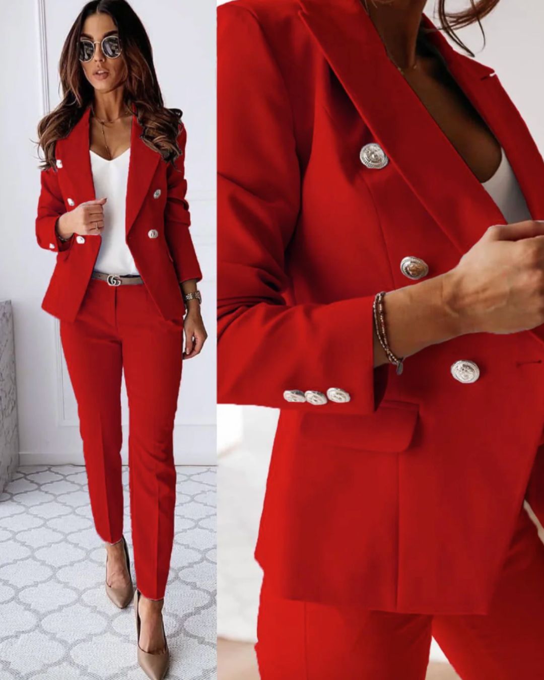 Garnitur damski dwuczęściowy z dwurzędową marynarką i dopasowanymi spodniami - Arkadya Outlet - Women Set