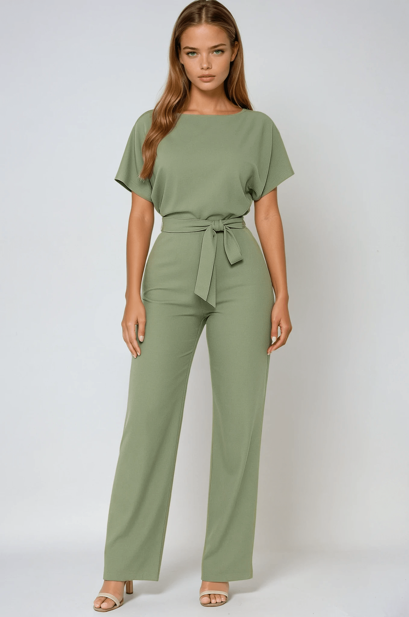 Kombinezon damski elegancki z paskiem w talii – szerokie nogawki, jednoczęściowy krój - Arkadya Outlet - Women Jumpsuit