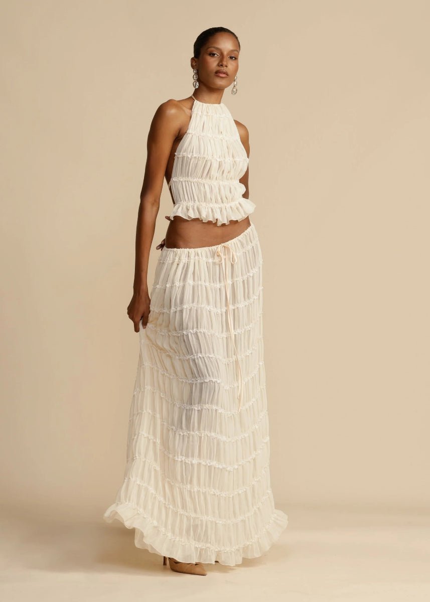 Komplet damski dwuczęściowy elegancki z topem halter i spódnicą maxi - Arkadya Outlet - Women Set