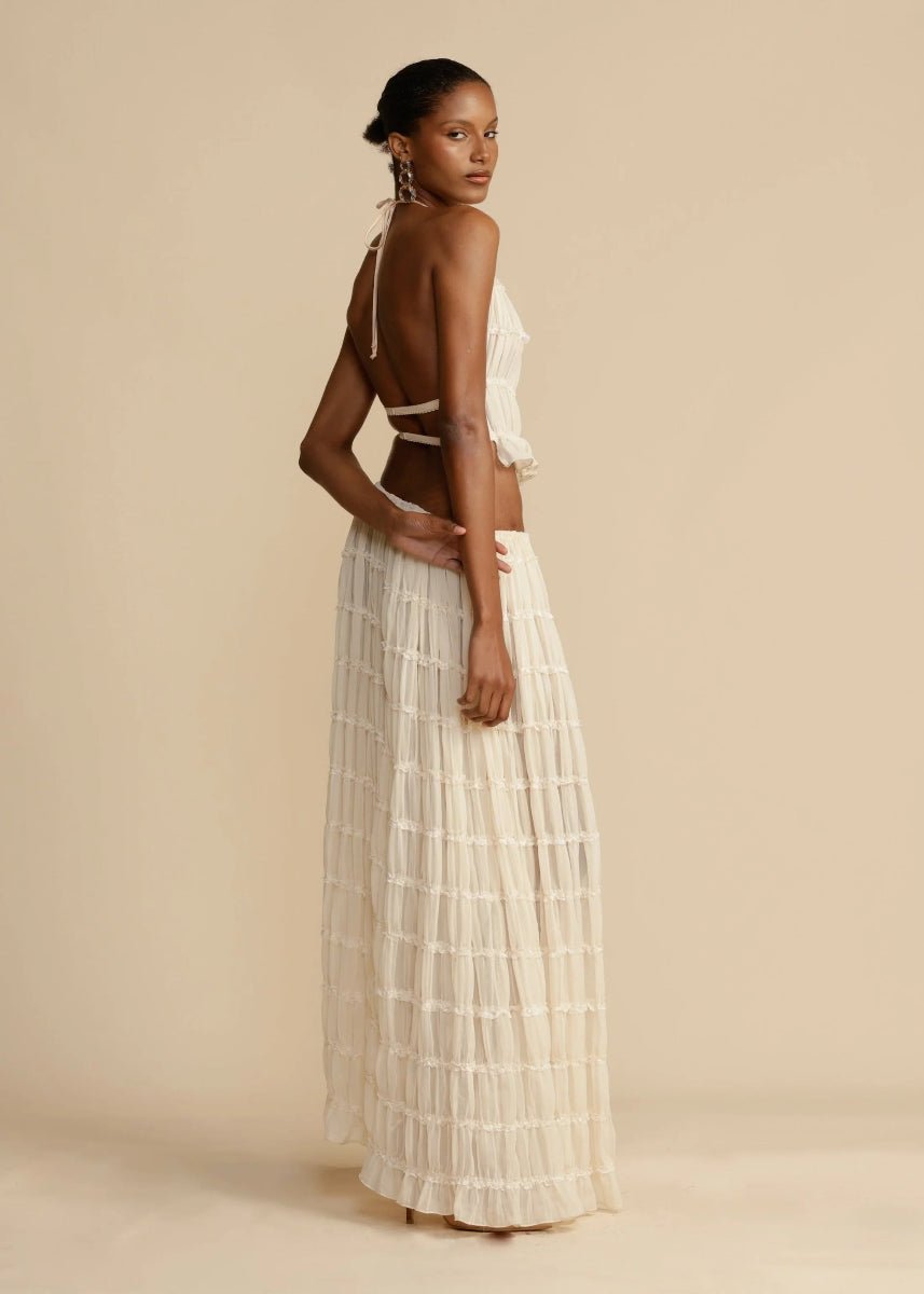 Komplet damski dwuczęściowy elegancki z topem halter i spódnicą maxi - Arkadya Outlet - Women Set
