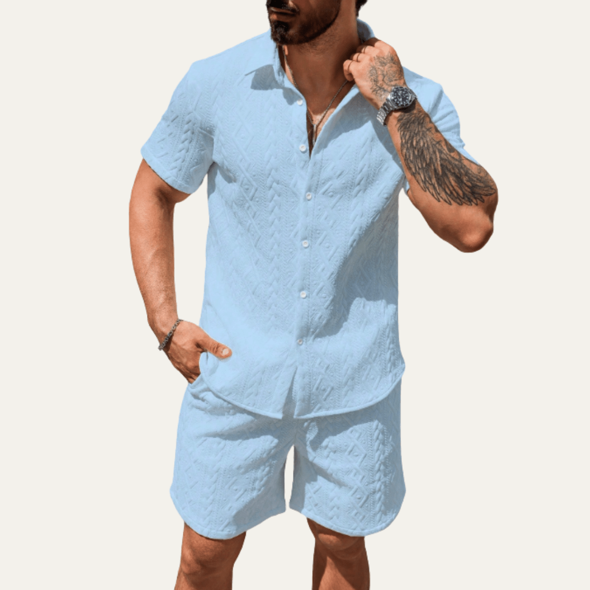 Komplet męski dzianinowy z szortami - Arkadya Outlet - Men Set