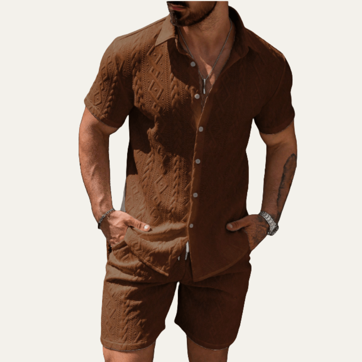 Komplet męski dzianinowy z szortami - Arkadya Outlet - Men Set
