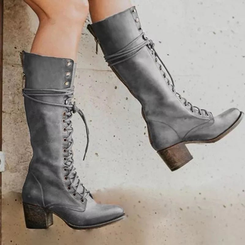 Kozaki damskie za kolano sznurowane z usztywnioną formą – profilowany krój wzdłuż nogi - Arkadya Outlet - Women Shoes