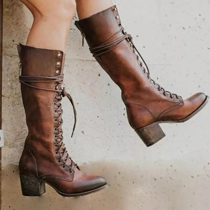 Kozaki damskie za kolano sznurowane z usztywnioną formą – profilowany krój wzdłuż nogi - Arkadya Outlet - Women Shoes