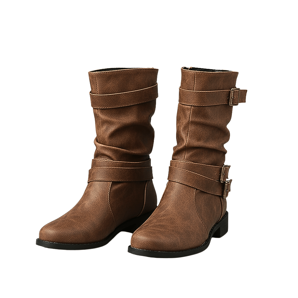 Kozaki damskie zimowe do połowy łydki z paskami na klamry - Arkadya Outlet - Women Shoes