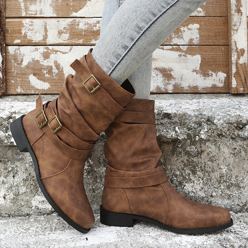 Kozaki damskie zimowe do połowy łydki z paskami na klamry - Arkadya Outlet - Women Shoes