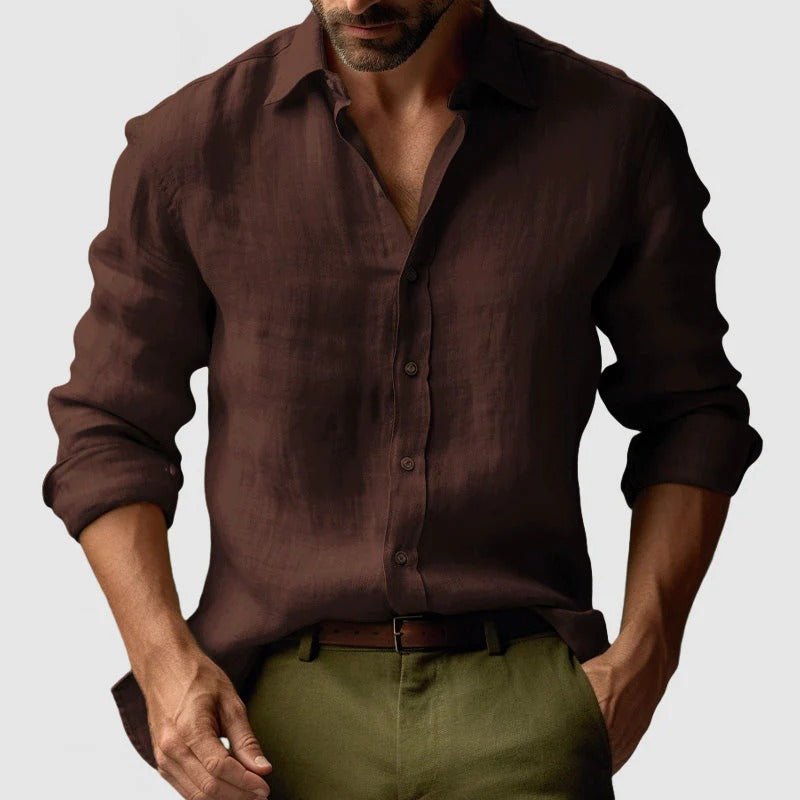 Lniana koszula męska długi rękaw – listwa guzikowa - Arkadya Outlet - Men Shirt