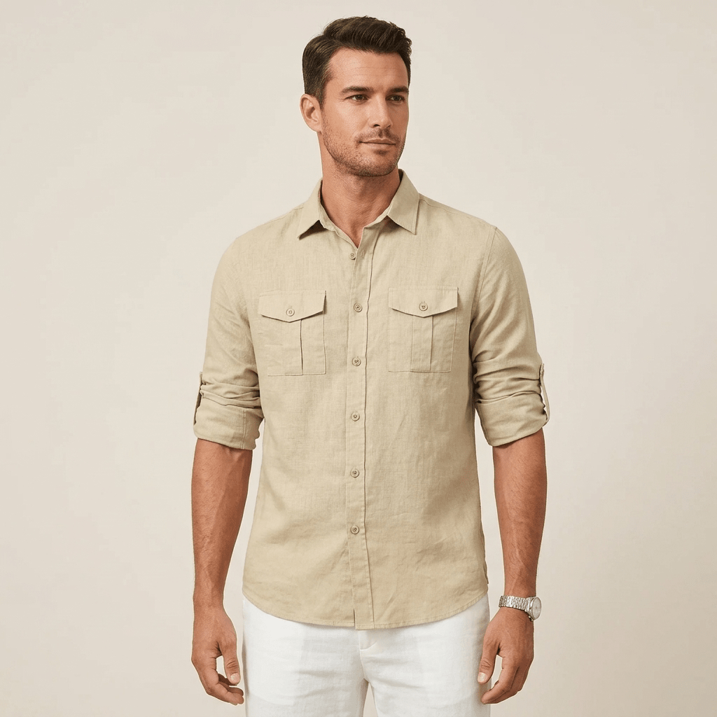 Lniana koszula męska długi rękaw – luźny krój - Arkadya Outlet - Men Shirt