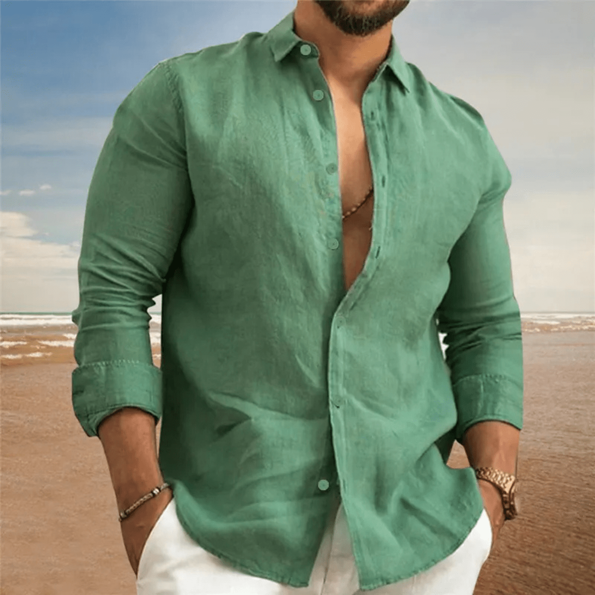 Lniana koszula męska długi rękaw – regularny krój - Arkadya Outlet - Men Shirt