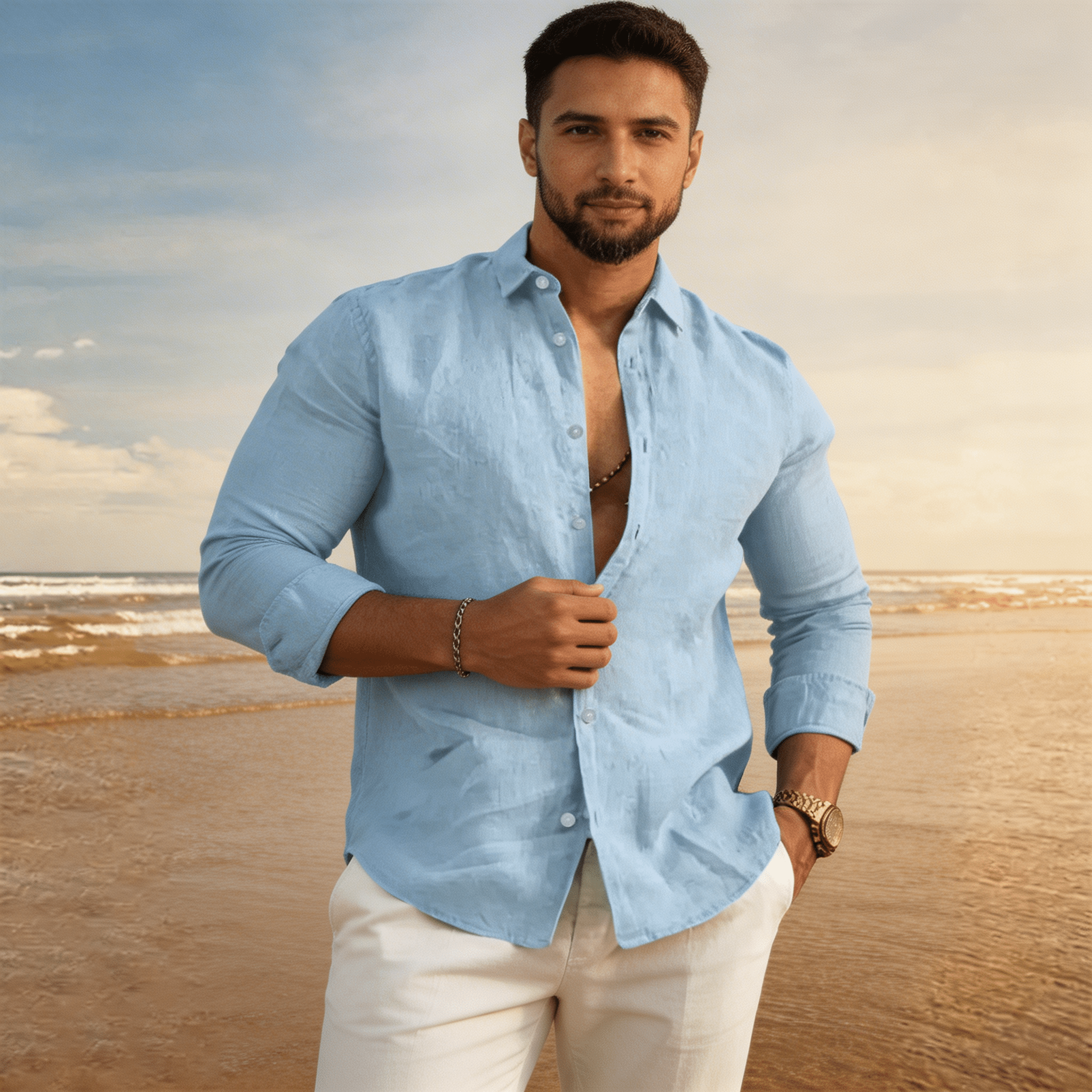 Lniana koszula męska długi rękaw – regularny krój - Arkadya Outlet - Men Shirt