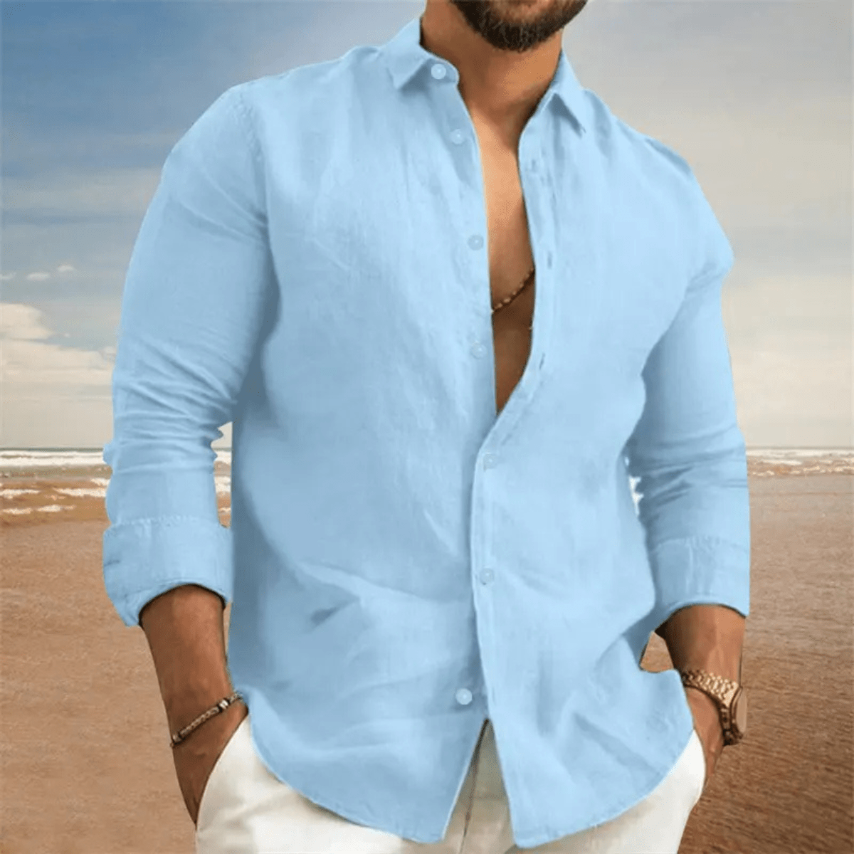 Lniana koszula męska długi rękaw – regularny krój - Arkadya Outlet - Men Shirt