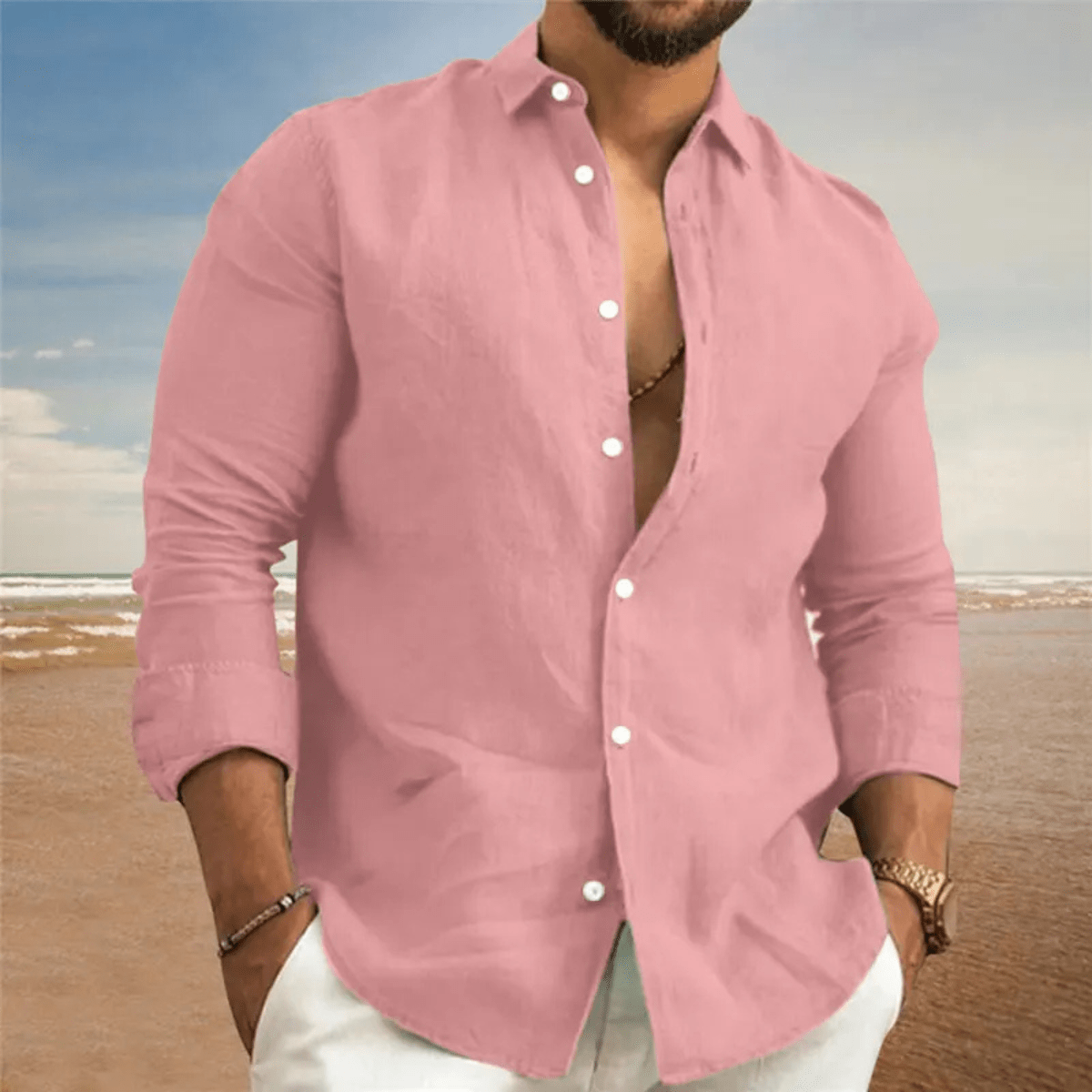 Lniana koszula męska długi rękaw – regularny krój - Arkadya Outlet - Men Shirt