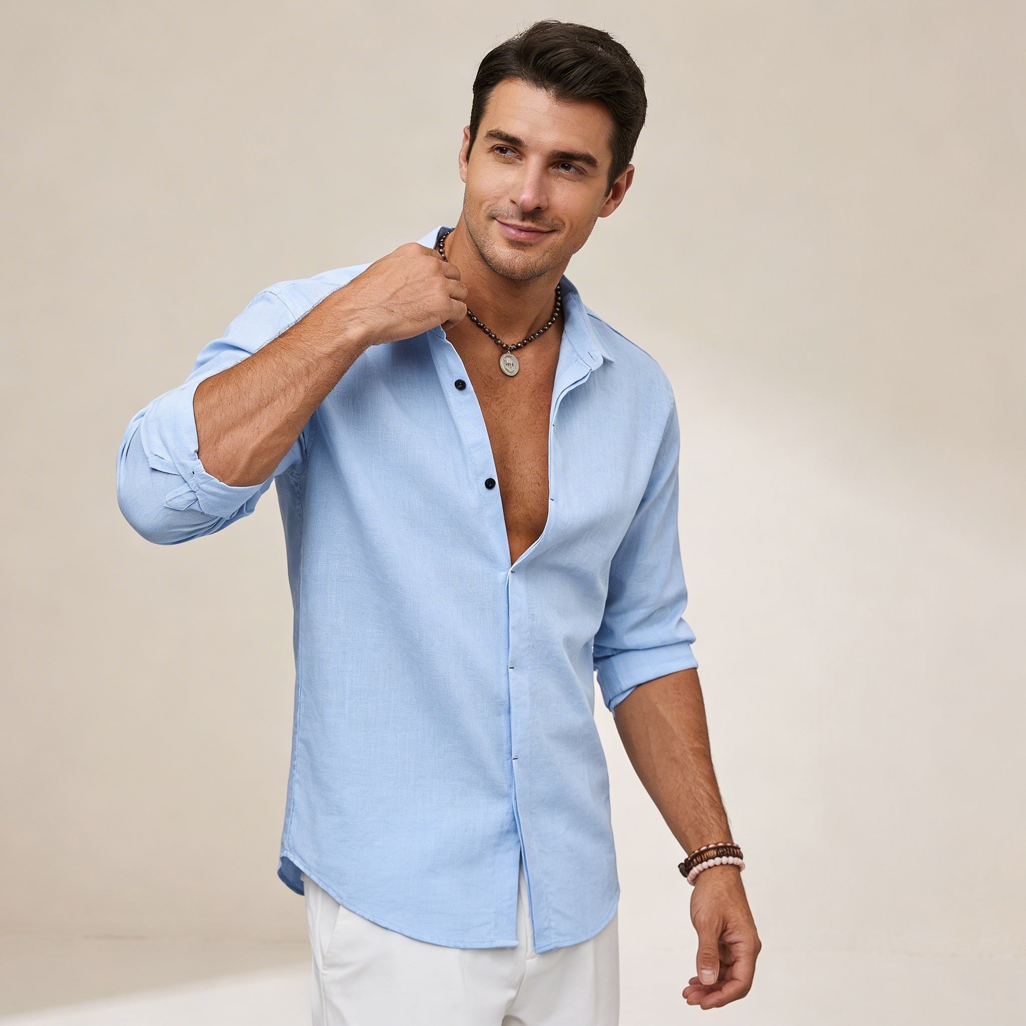 Lniana koszula męska – dopasowany krój, gładka tkanina - Arkadya Outlet - Men Shirt