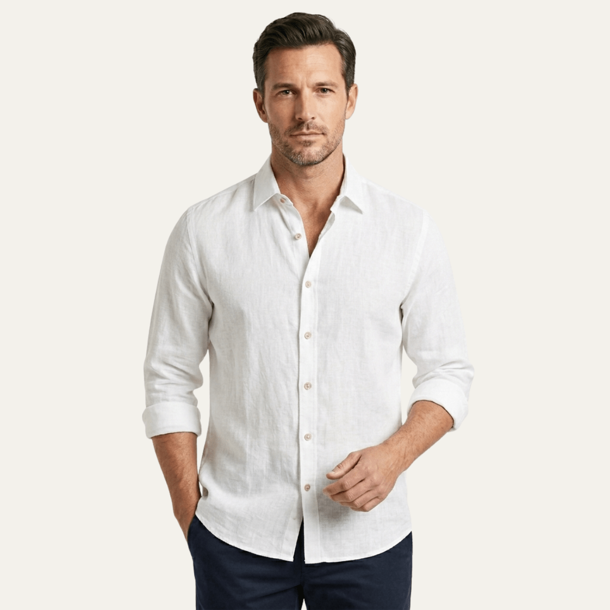 Lniana koszula męska – dopasowany krój, guziki - Arkadya Outlet - Men Shirt