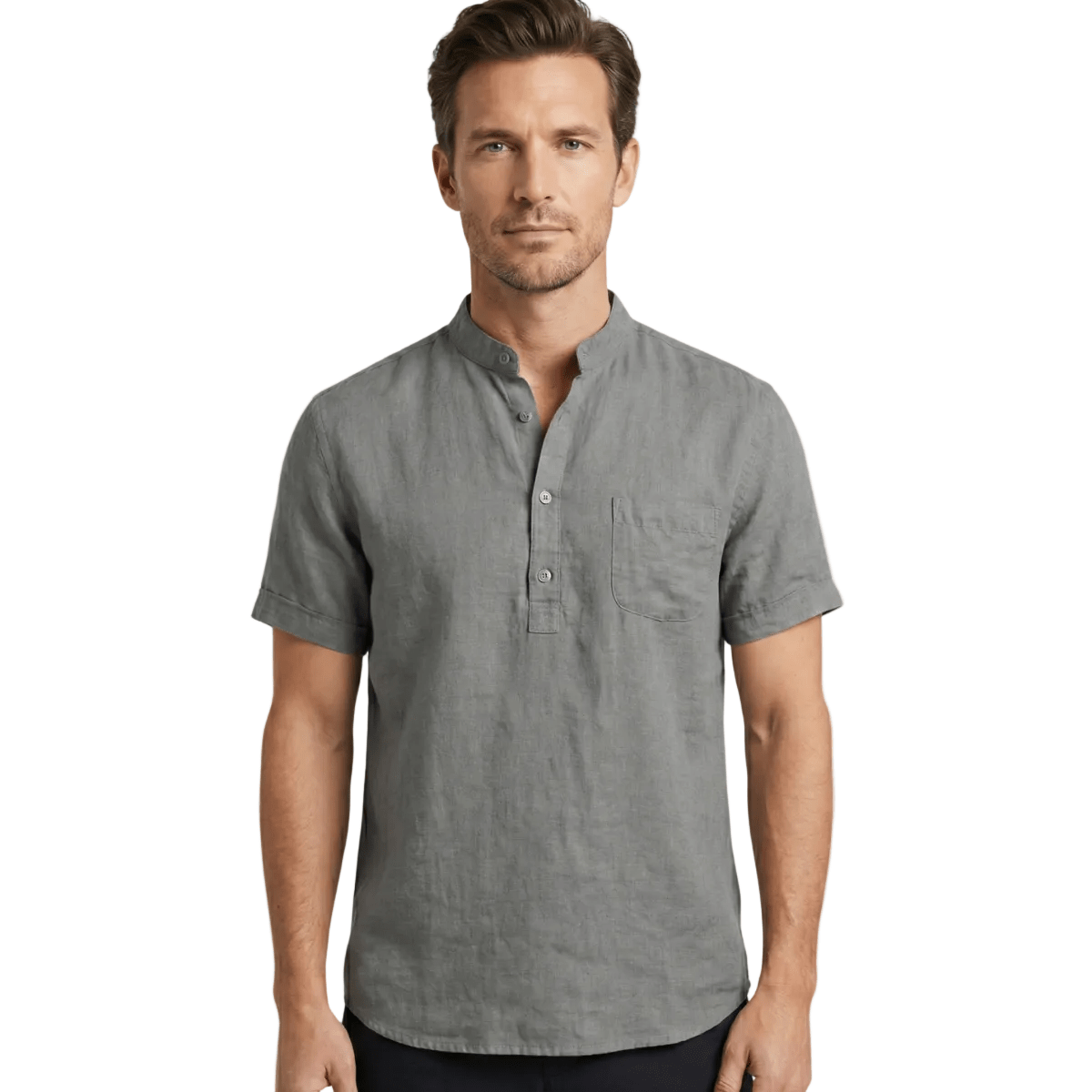 Lniana koszula męska Henley – krótki rękaw, luźny krój - Arkadya Outlet - Men Shirt