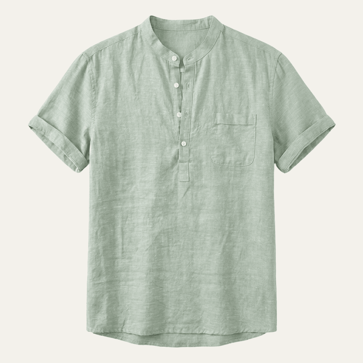 Lniana koszula męska Henley – krótki rękaw, luźny krój - Arkadya Outlet - Men Shirt