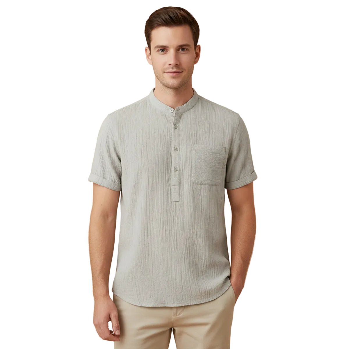 Lniana koszula męska krótki rękaw – Henley, luźny krój - Arkadya Outlet - Men Shirt