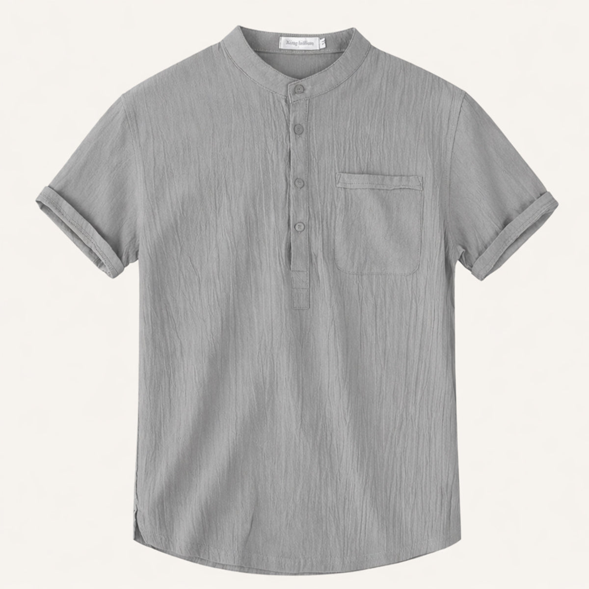 Lniana koszula męska krótki rękaw – Henley, luźny krój - Arkadya Outlet - Men Shirt