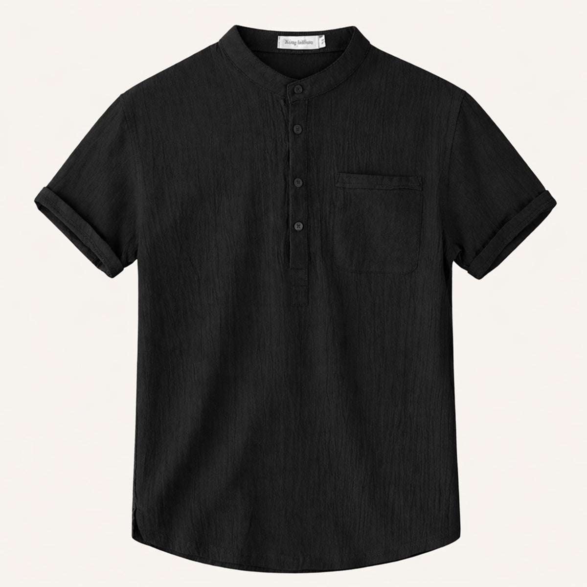 Lniana koszula męska krótki rękaw – Henley, luźny krój - Arkadya Outlet - Men Shirt