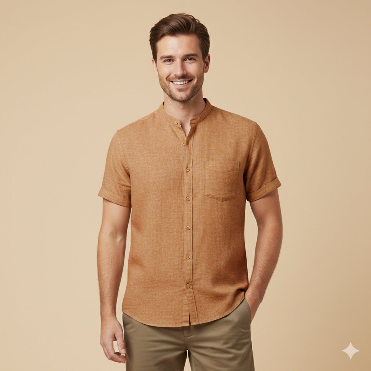 Lniana koszula męska krótki rękaw – luźny krój - Arkadya Outlet - Men Shirt