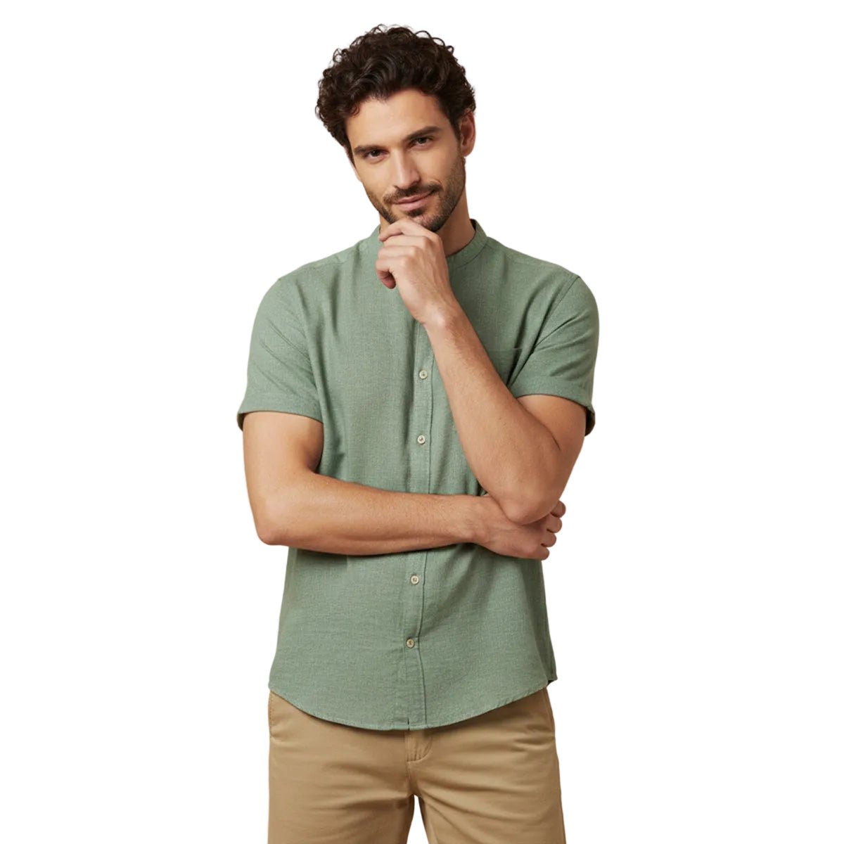 Lniana koszula męska krótki rękaw – luźny krój - Arkadya Outlet - Men Shirt