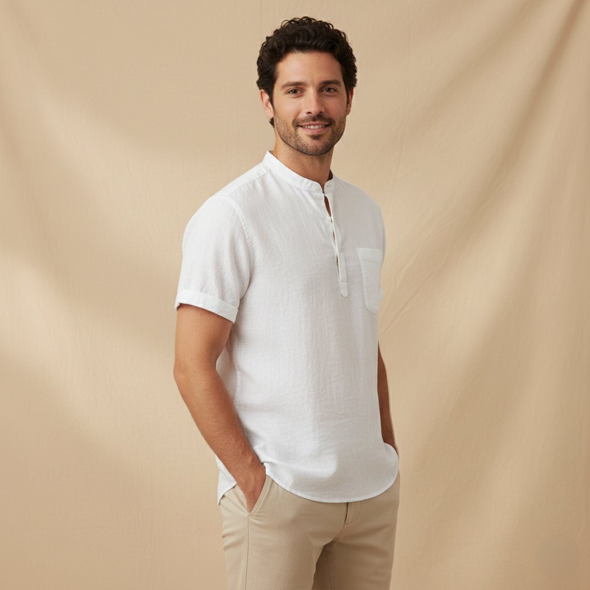 Lniana koszula męska krótki rękaw – luźny krój - Arkadya Outlet - Men Shirt