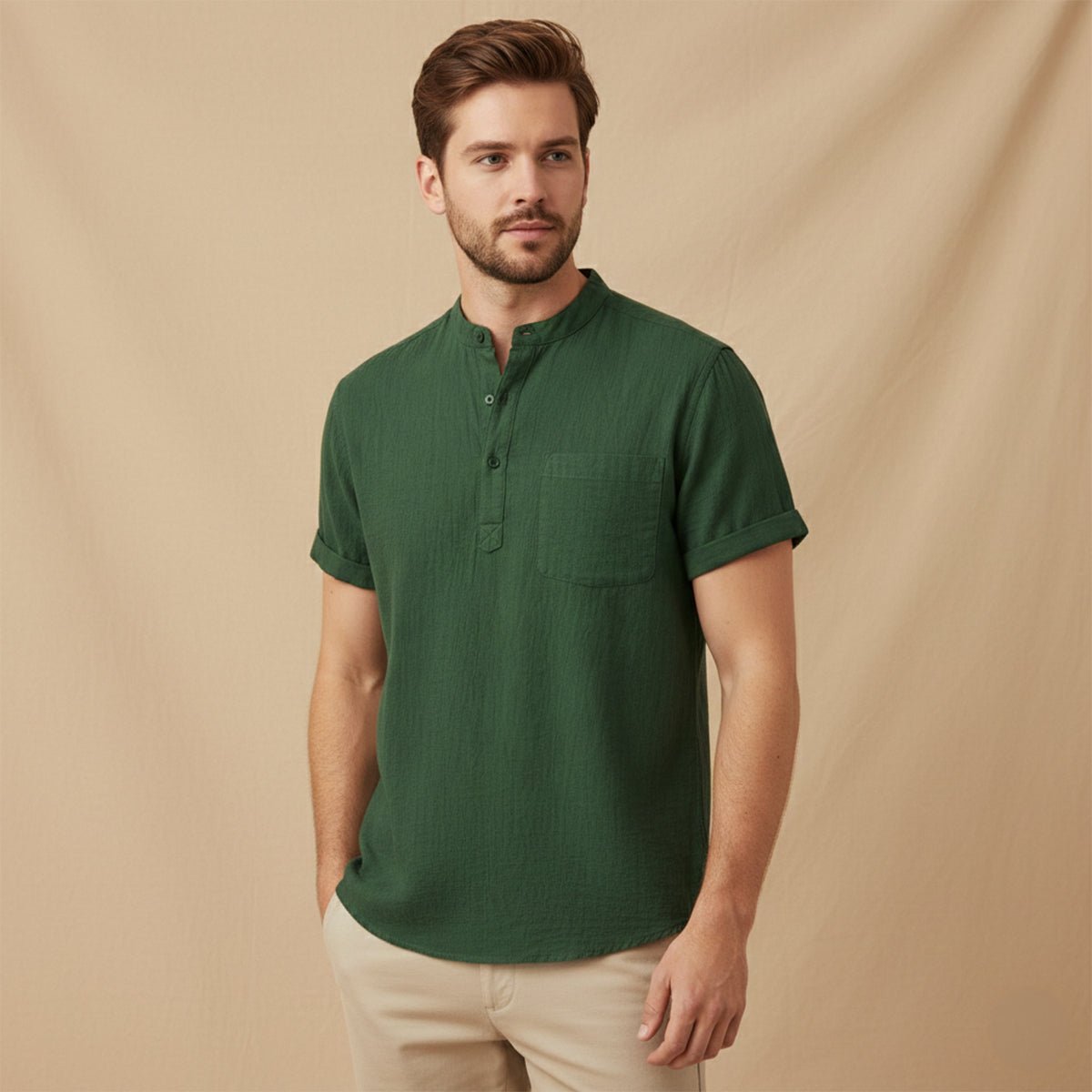 Lniana koszula męska krótki rękaw – luźny krój - Arkadya Outlet - Men Shirt