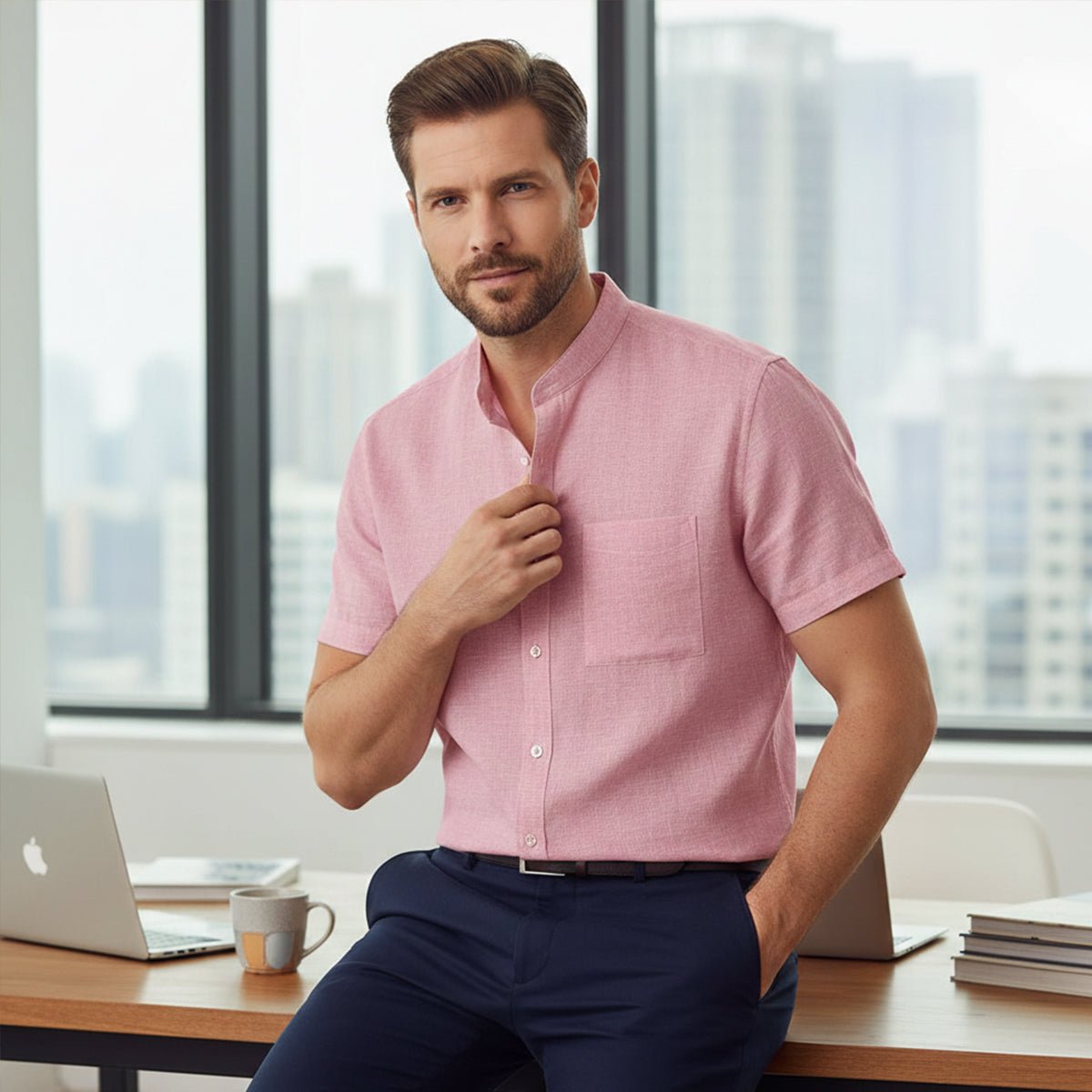Lniana koszula męska oversize – krótki rękaw - Arkadya Outlet - Men Shirt