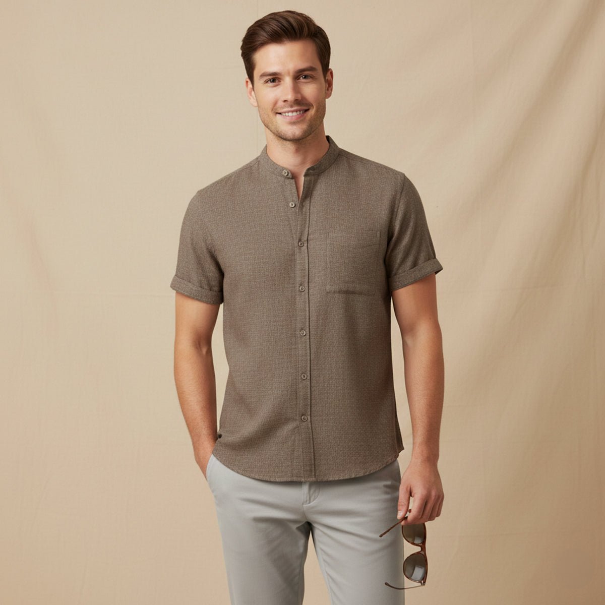 Lniana koszula męska oversize – krótki rękaw - Arkadya Outlet - Men Shirt