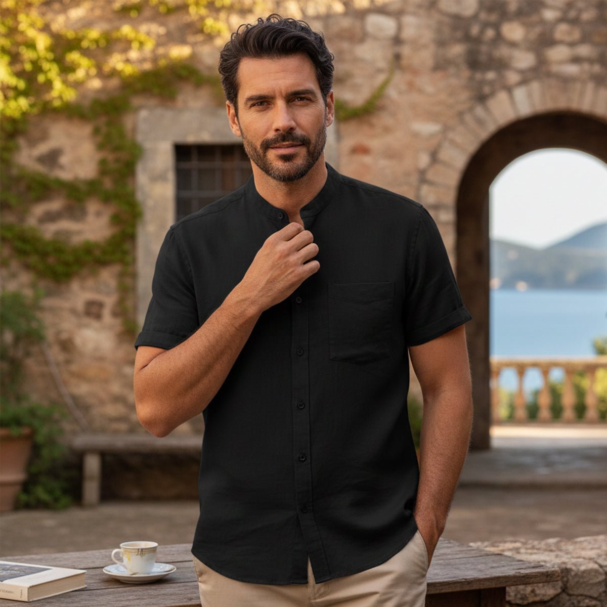 Lniana koszula męska oversize – krótki rękaw - Arkadya Outlet - Men Shirt