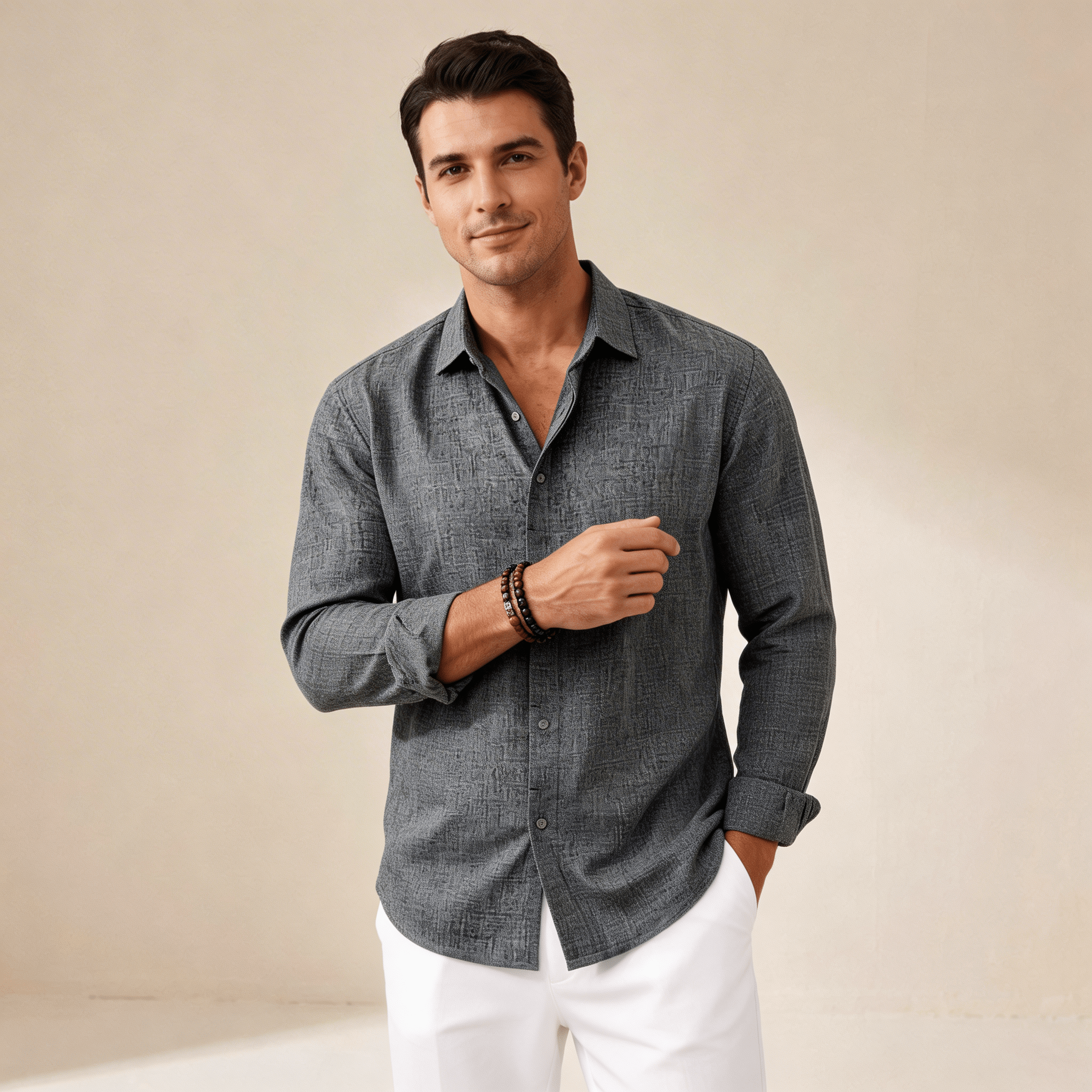 Lniana koszula męska regularny krój – kołnierz klasyczny - Arkadya Outlet - Men Shirt