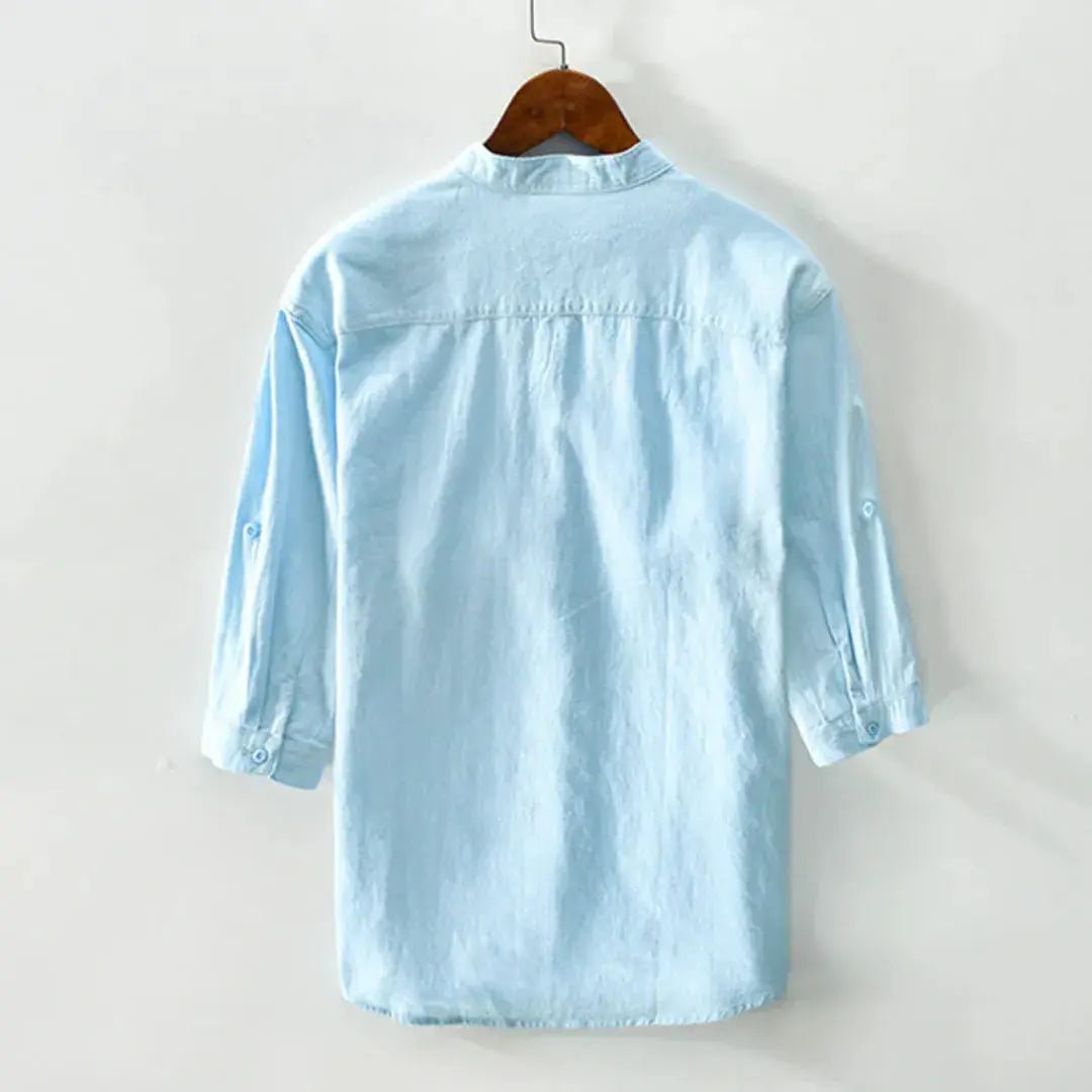 Lniana koszula męska rękaw 3/4 – luźny krój, listwa - Arkadya Outlet - Men Shirt
