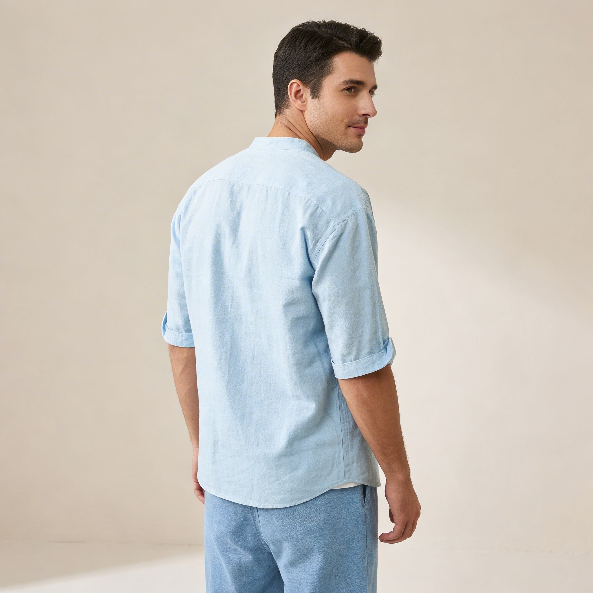 Lniana koszula męska rękaw 3/4 – luźny krój, listwa - Arkadya Outlet - Men Shirt