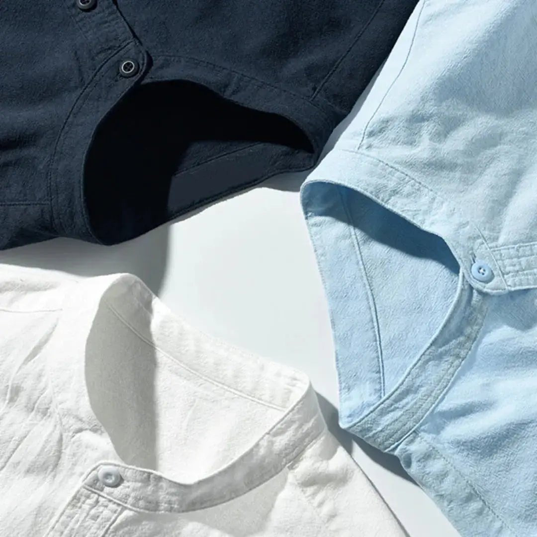 Lniana koszula męska rękaw 3/4 – luźny krój, listwa - Arkadya Outlet - Men Shirt