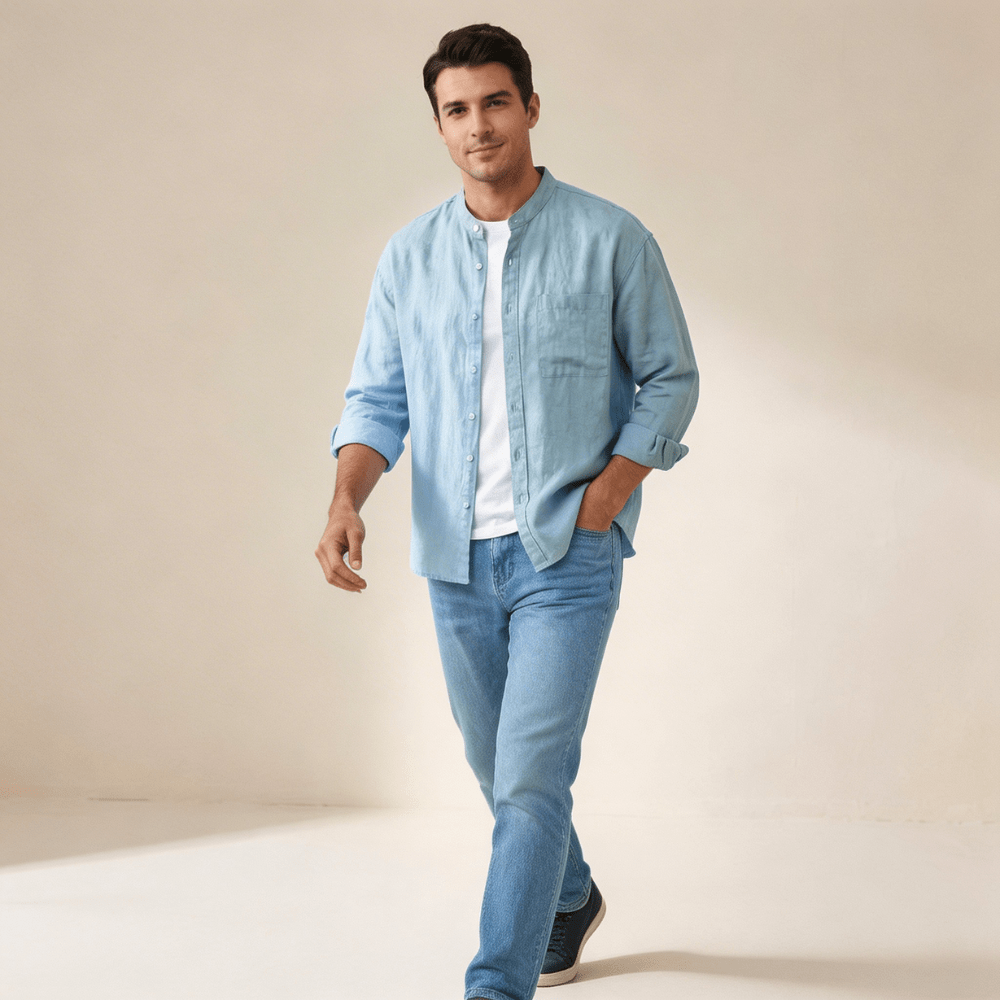 Lniana koszula męska rękaw 3/4 – luźny krój, listwa - Arkadya Outlet - Men Shirt