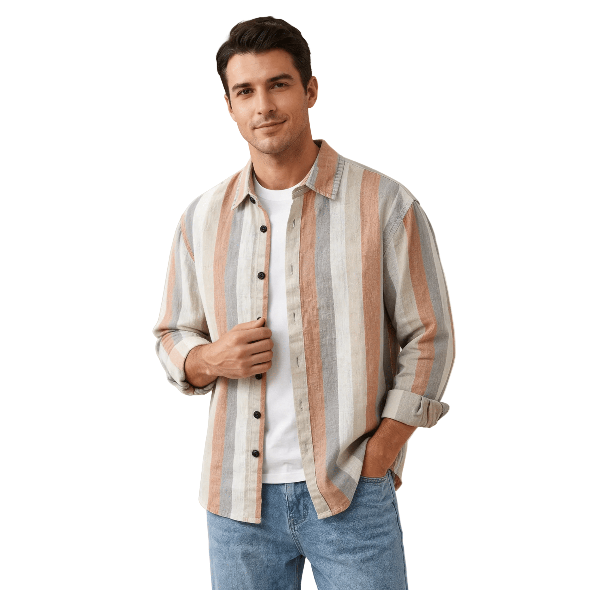 Lniana koszula męska w paski – luźny krój, guzikic - Arkadya Outlet - Men Shirt