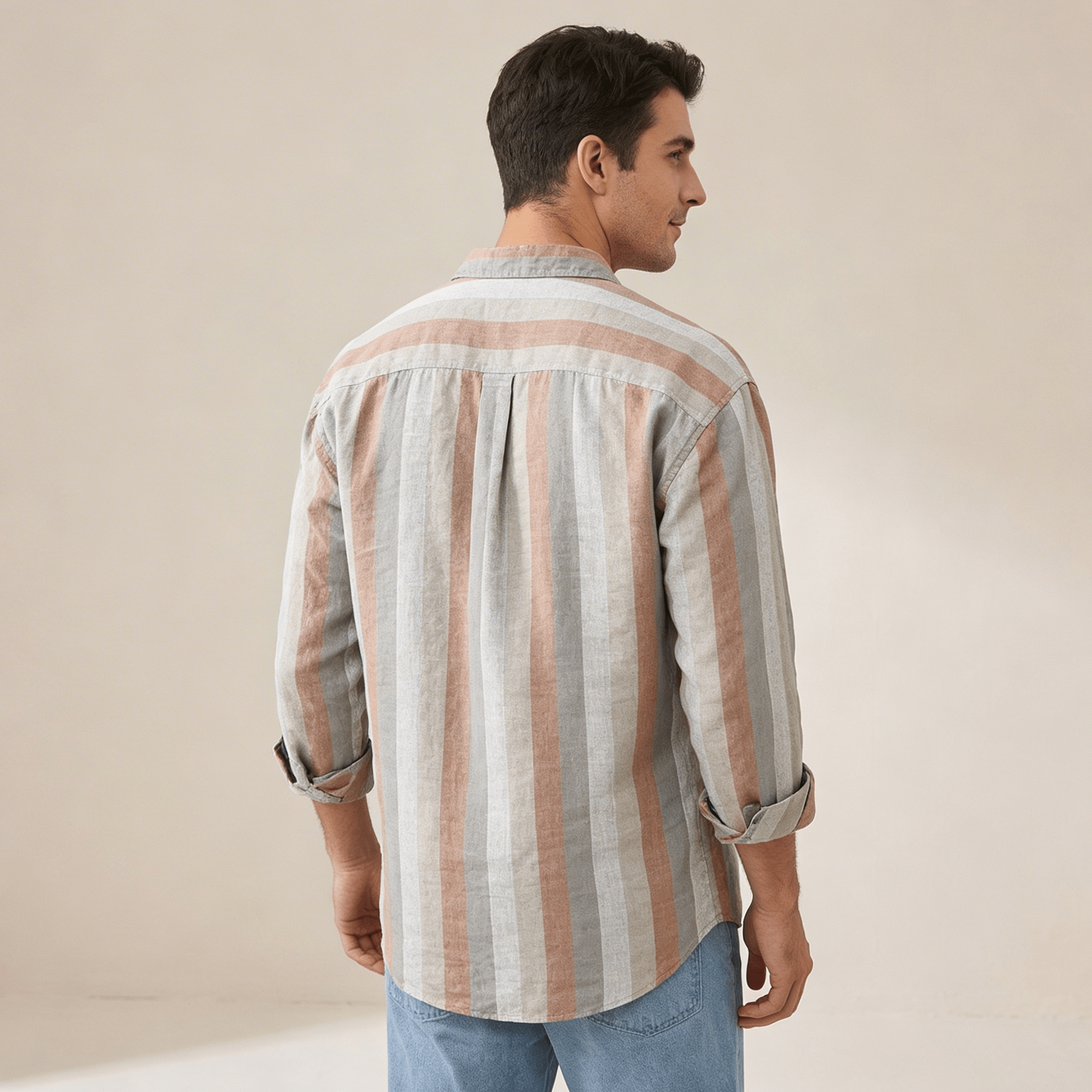 Lniana koszula męska w paski – luźny krój, guzikic - Arkadya Outlet - Men Shirt