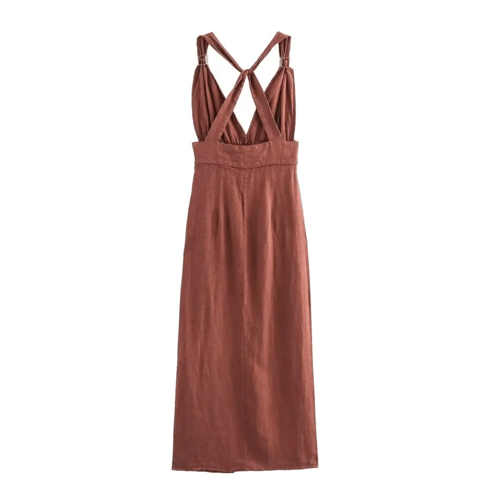Lniana sukienka maxi bez rękawów – dekolt V, odkryte plecy - Arkadya Outlet - Women Maxi Dress