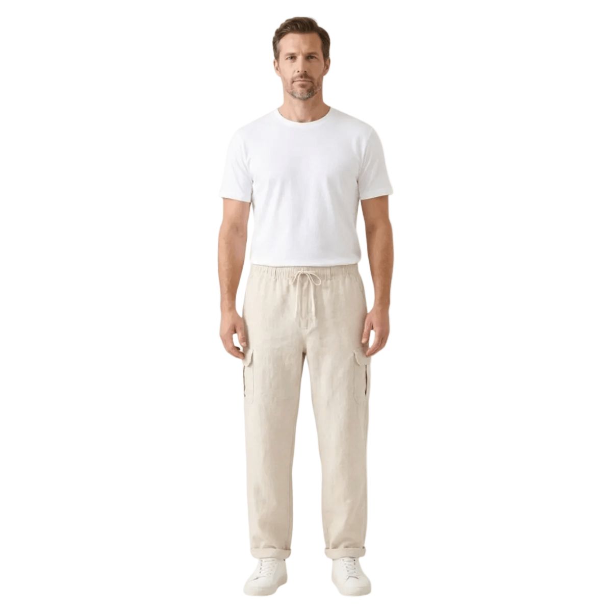 Lniane spodnie cargo męskie – szeroki krój, kieszenie - Arkadya Outlet - Men Pants