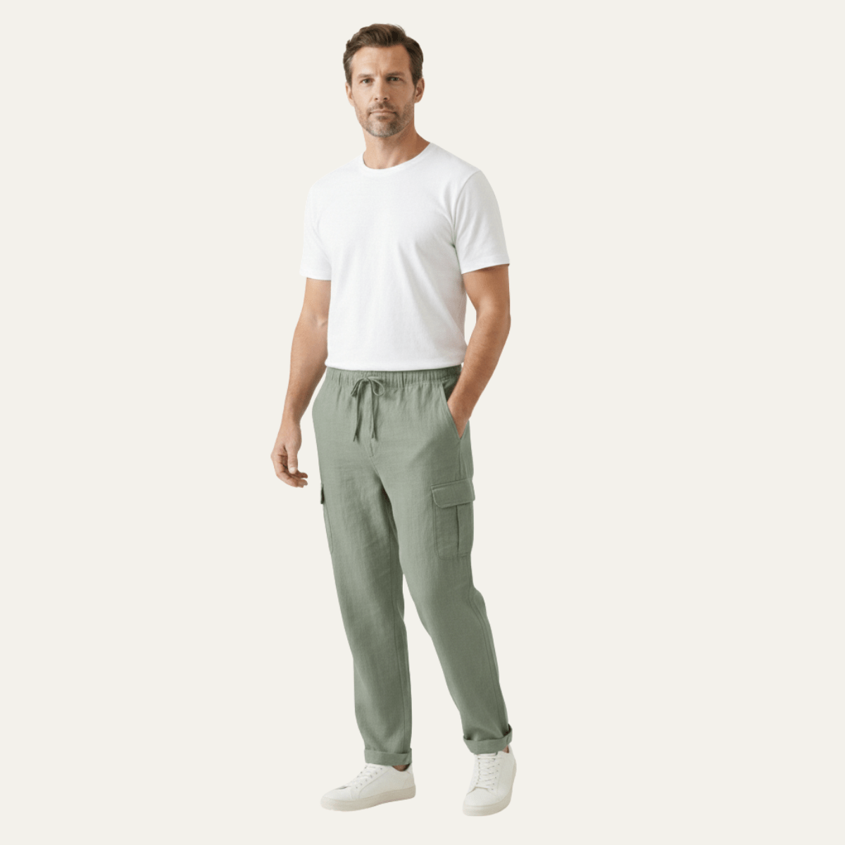 Lniane spodnie cargo męskie – szeroki krój, kieszenie - Arkadya Outlet - Men Pants