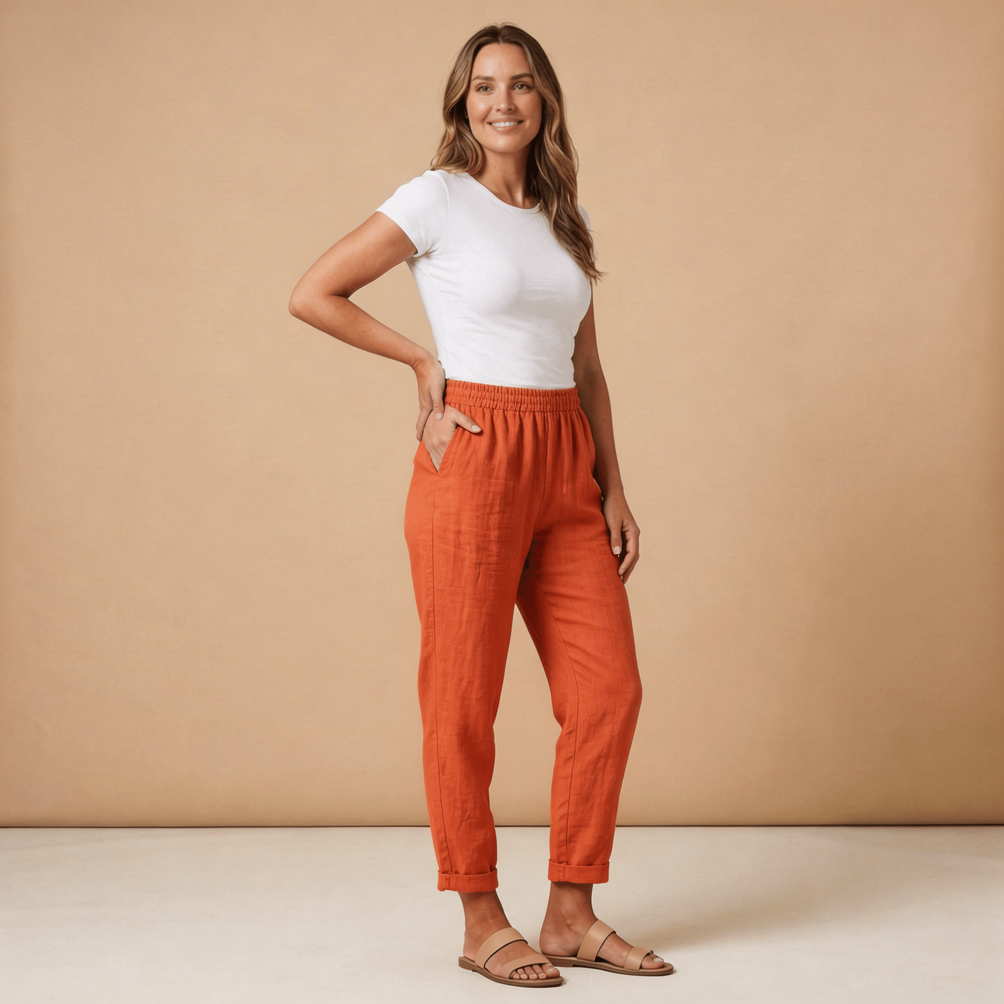 Lniane spodnie damskie 7/8 – luźny krój, elastyczny pas - Arkadya Outlet - Women Pants