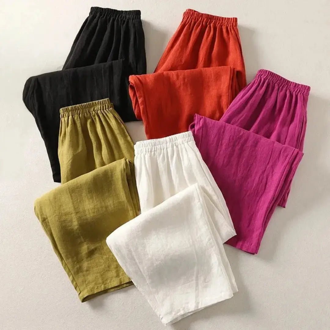 Lniane spodnie damskie 7/8 – luźny krój, elastyczny pas - Arkadya Outlet - Women Pants