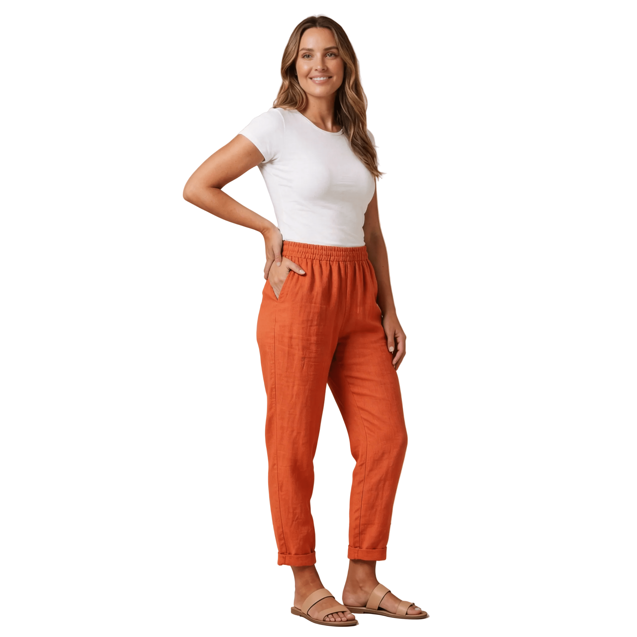 Lniane spodnie damskie 7/8 – luźny krój, elastyczny pas - Arkadya Outlet - Women Pants