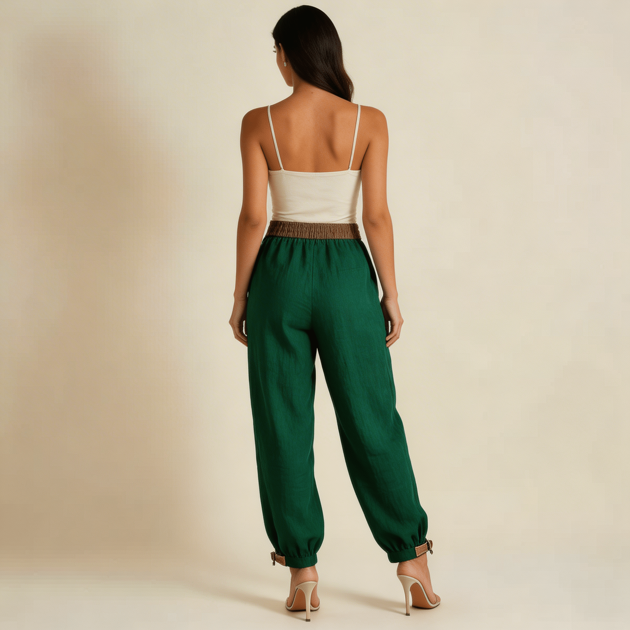Lniane spodnie damskie – luźny krój, regulowane mankiety - Arkadya Outlet - Women Pants
