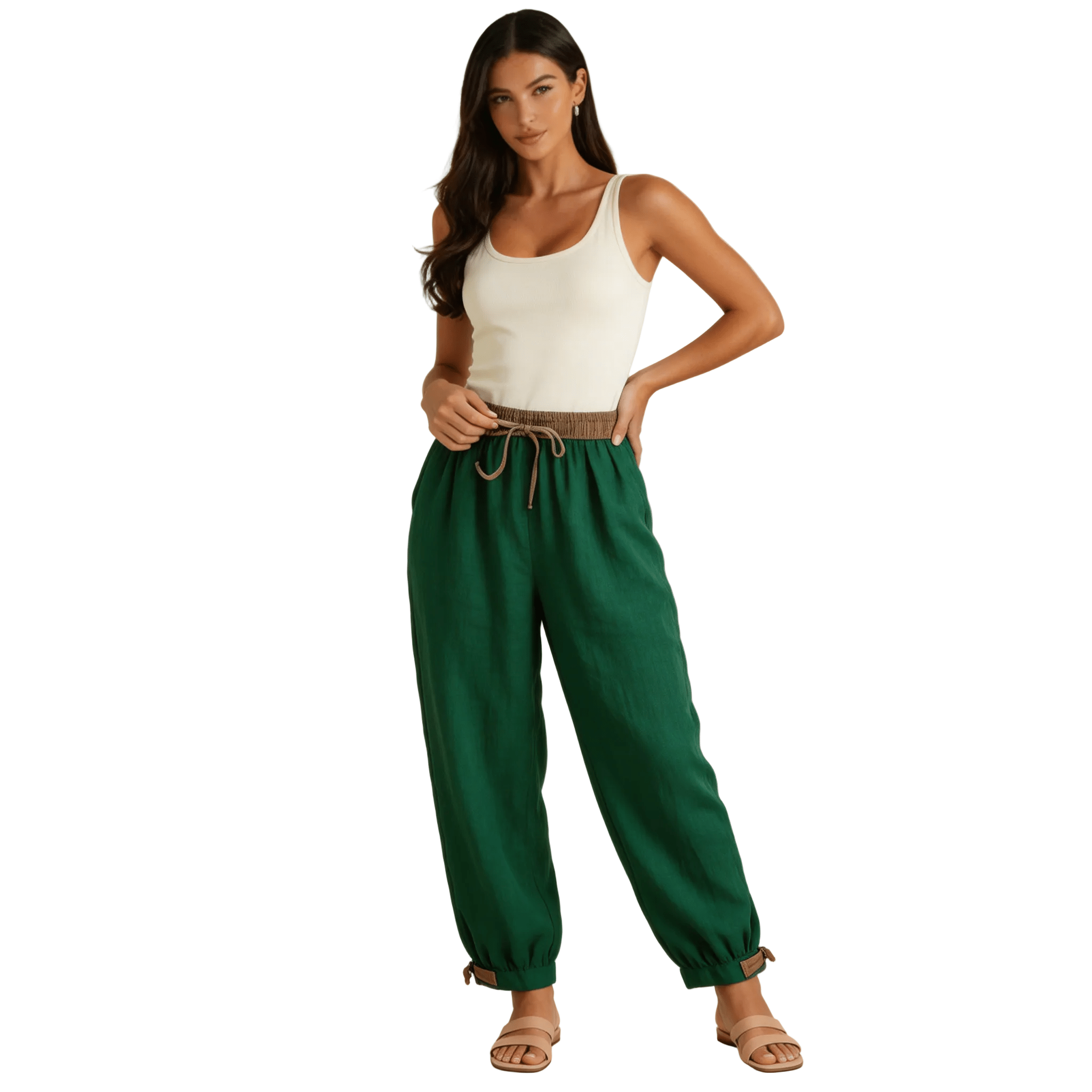Lniane spodnie damskie – luźny krój, regulowane mankiety - Arkadya Outlet - Women Pants